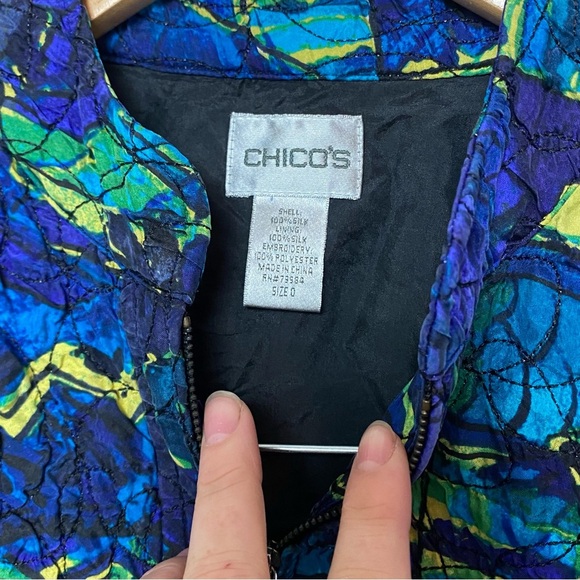 Chico’s Blue Green Silk Abstract Crinkle Textured Button Jacket | Women’s XS - Picture 3 of 5